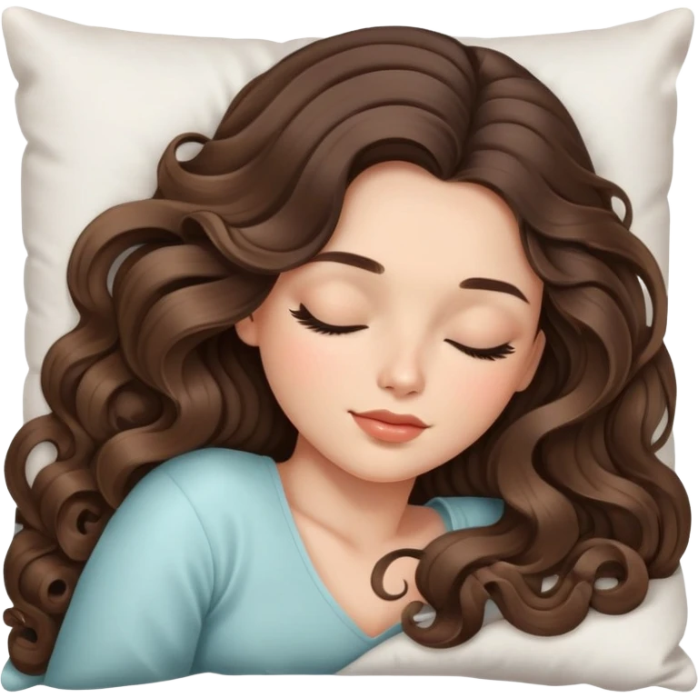 beautiful brunette with a light balayage white girl with nice curls/defined waves, very long hair, clean girl makeup SLEEPING ON A PILLOW emoji
