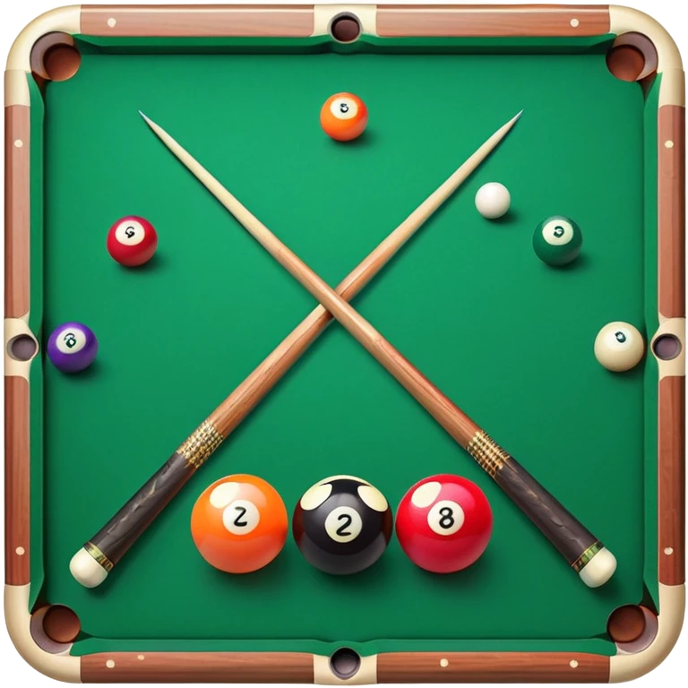 Two crossed pool cues resting on a billiard table, with colorful billiard balls scattered across the surface. The background features the felt of the table, creating an inviting atmosphere for a game of precision and strategy emoji