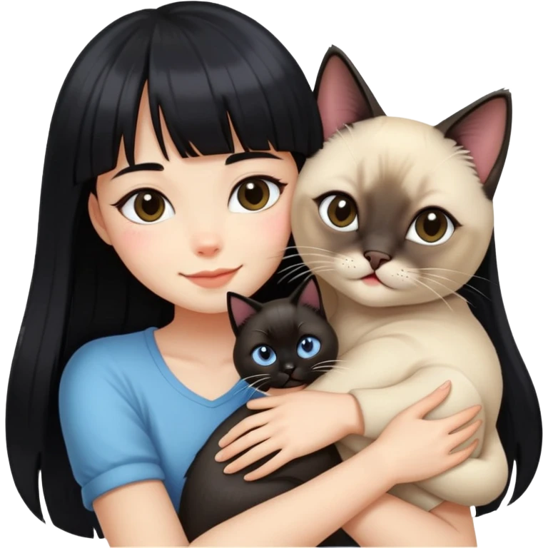 A girl with long black hair and bangs happily hugs a Siamese cat emoji