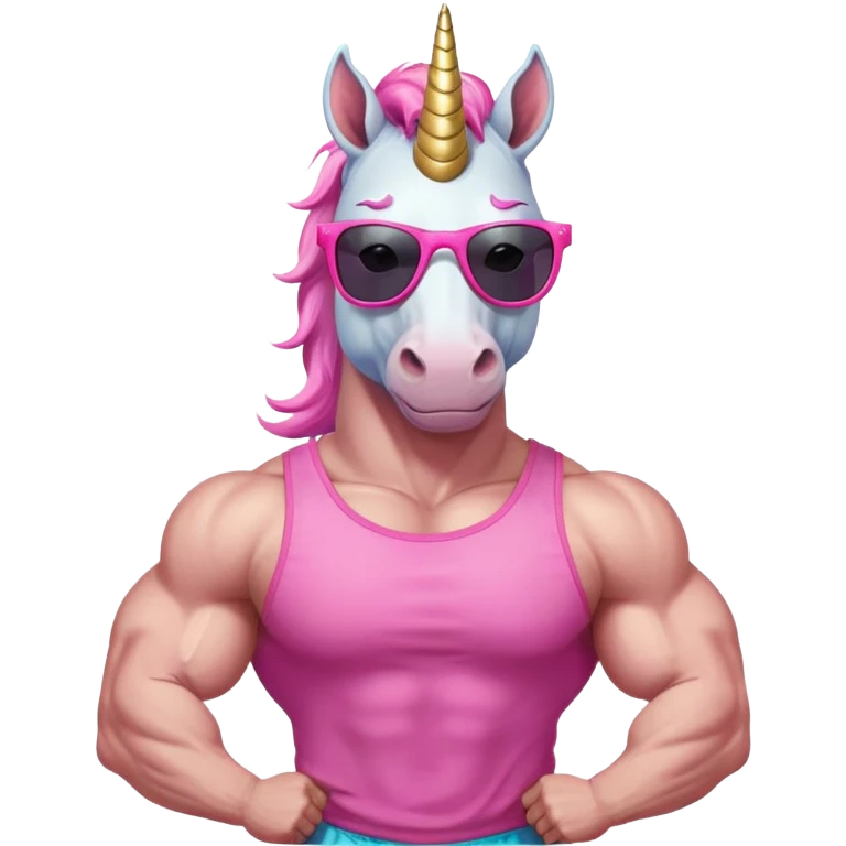friendly anthropomorphised masculine unicorn with horse-like face, muscular bodybuilder build, in tutu and pink t-shirt, wearing dark sunglasses, relaxed pose, close-crop head and shoulders portrait emoji