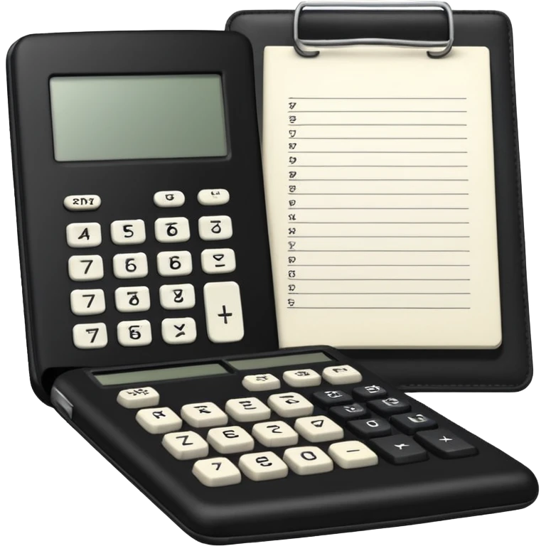 Minimalistic flat vector icon, iOS style, thin black contour on white background. Small black notebook with visible binding, placed next to a calculator. Clean, modern, no text, no shadows. emoji