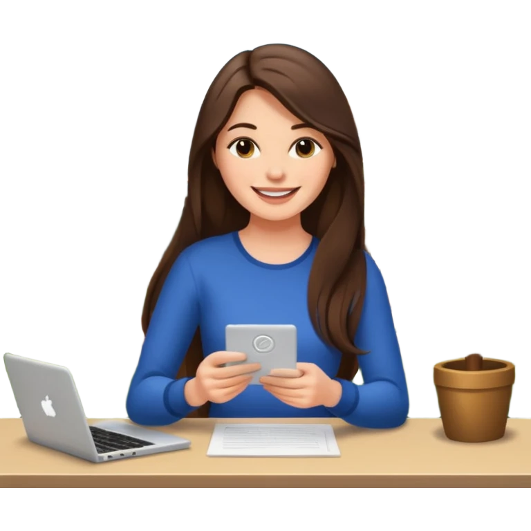 웃는 얼굴로 이메일 쓰는 브루넷 긴머리 여자, 뒤에는 로스앤젤레스 풍경 emoji