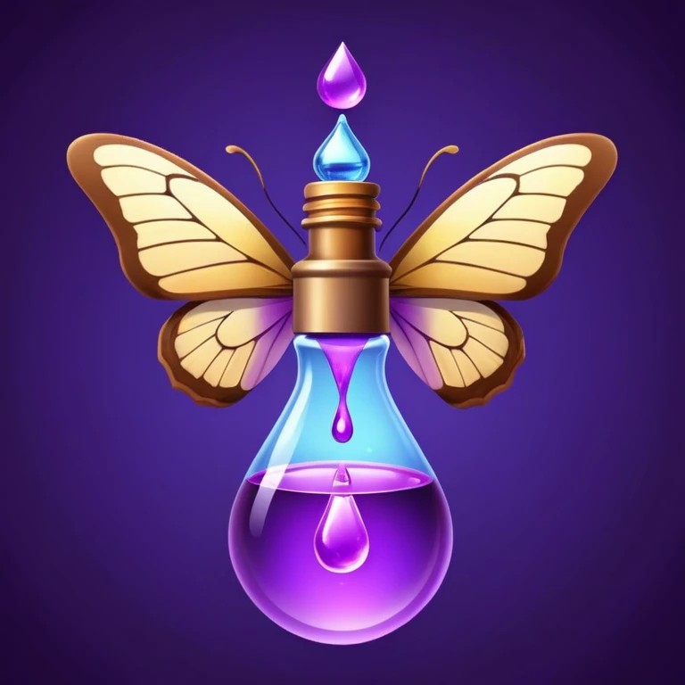 Small brown bottle floating with dim light, with a purple drop suspended in the air, slowly spinning in front of a luminous butterfly representing the thyroid emoji