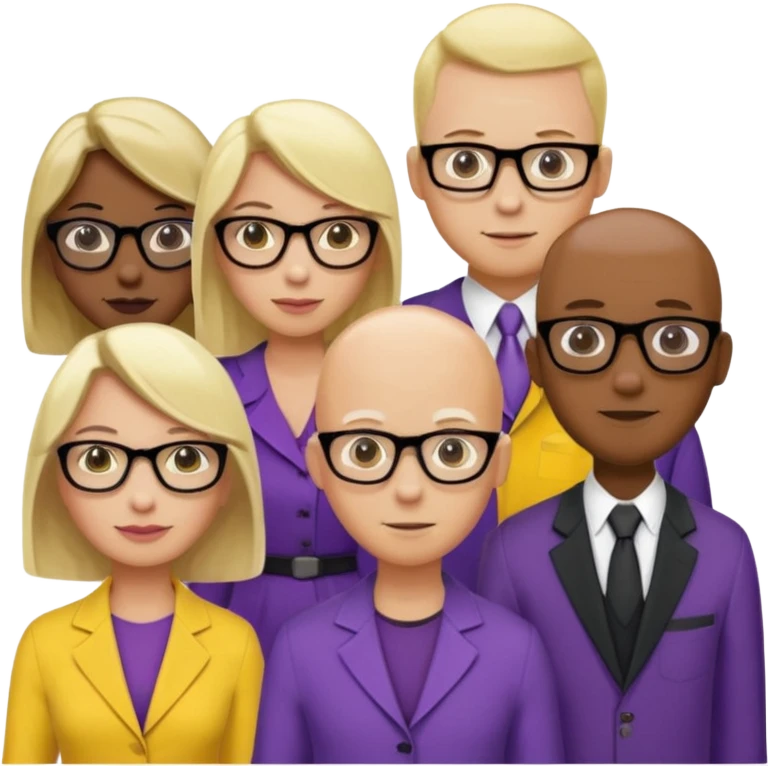 FIVE person team; 2 men and 3 women.  All dressed in yellow or purple.  Women have blonde and ash blonde hair.  1 man is black and bald, 1 man is caucasian and very little hair left.  All have glasses emoji