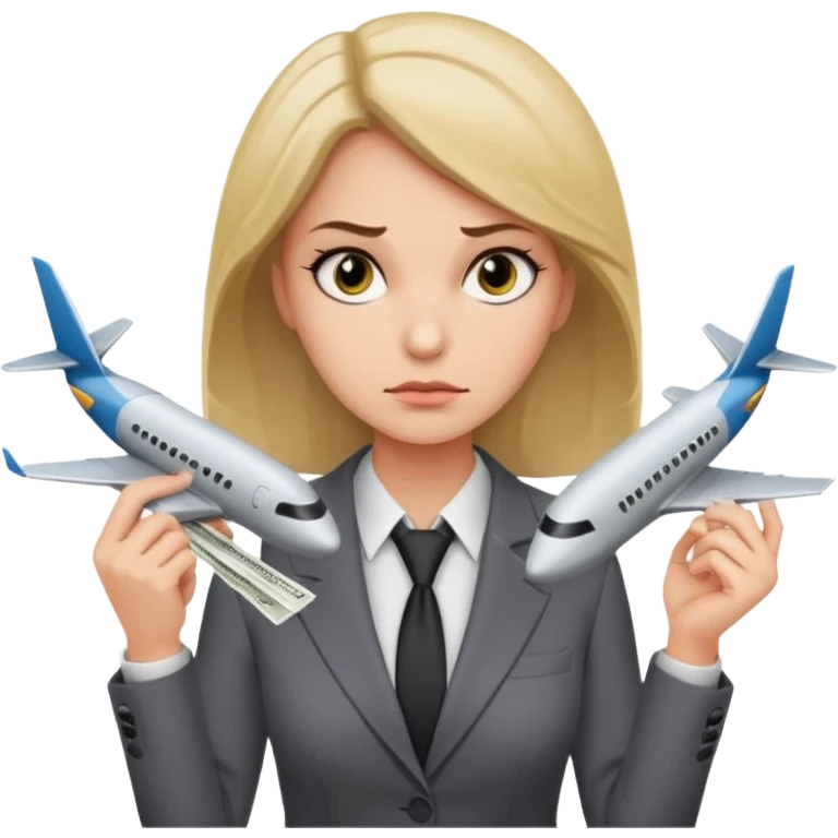 Девушка в офисном костюме, хмурая, с билетами на самолет в руках  emoji