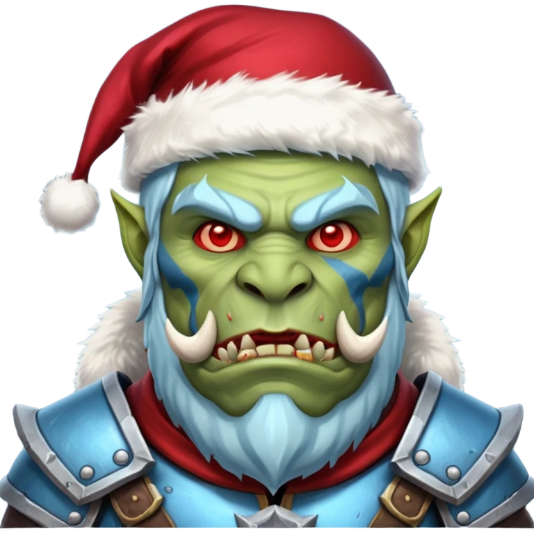 
Fantasy Christmas orc legion soldier icon, iron tundra army theme, heavy winter armor, disciplined brutal look, icy blue steel armor with deep crimson accents, frozen metal texture, cold winter atmosphere, male variant emoji