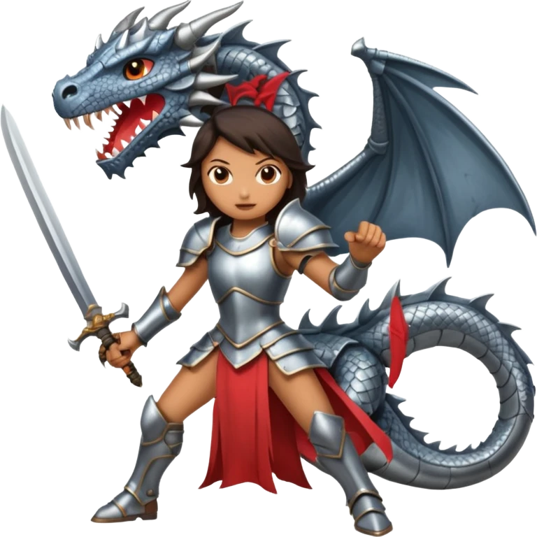Fierce Latina in armor with a sword in a losing battle with a dragon emoji