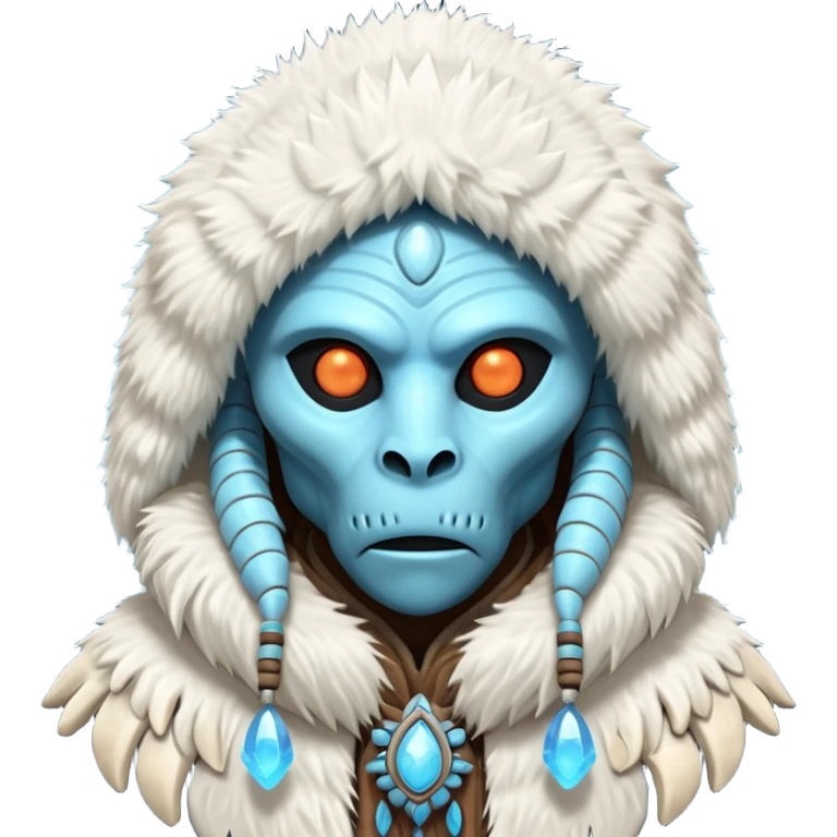 ancient arctic alien shaman portrait, head and shoulders only, Inuit-inspired fur hood, carved bone ornaments, glowing cosmic eyes, icy alien skin, spiritual sci-fi vibe, 3D cartoon, mobile game icon style, clean background, no text, no watermark


 emoji