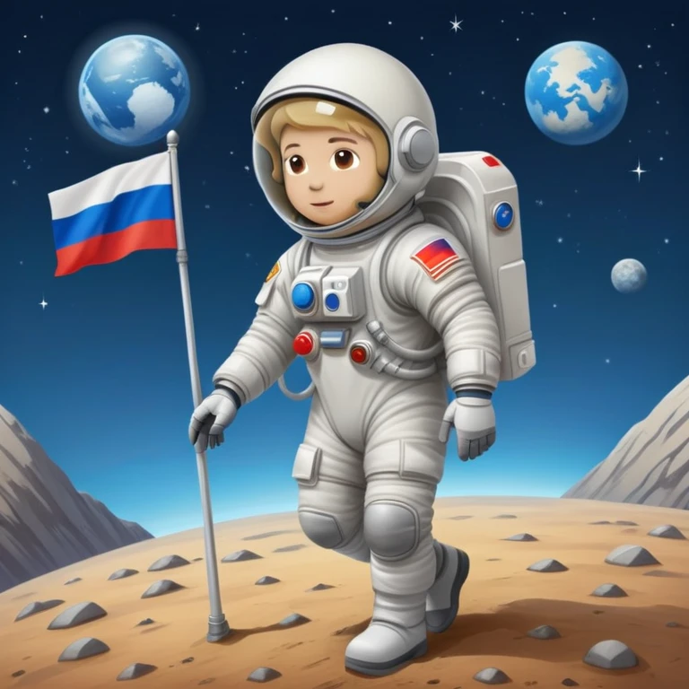 Cosmonaut walking on a planet surface, wearing a spacesuit with Russian flag, light hair and light skin visible through helmet emoji