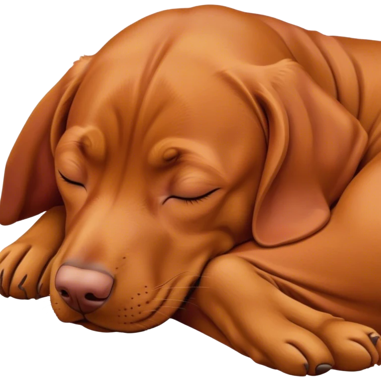 Meme-Worthy Cute Sleeping Vizsla Portrait Emoji, Head resting peacefully with a contented smile, showcasing a sleek, athletic build and a luxuriously soft rust and gold Fur, eyes shut in a serene nap, Simplified yet hilariously adorable features, highly detailed, glowing with a soft, drowsy light, high shine, relaxed and utterly lovable, stylized with an air of playful laziness, bright and heartwarming, soft glowing outline, capturing the essence of a comically sleepy companion, so meme-worthy it feels like it could instantly become the next viral sensation of adorable slumber! emoji