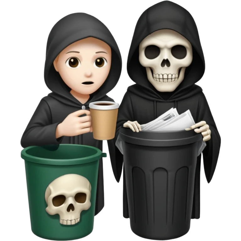 grim reaper with a coffee and trash can with papers  emoji