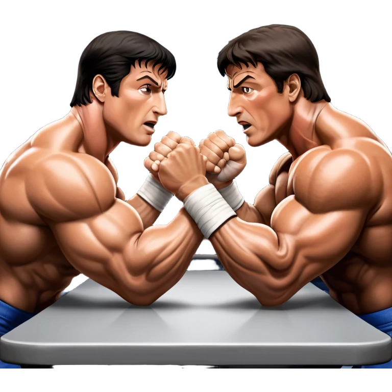 Iconic scene from the movie Over the Top, featuring Sylvester Stallone in a fierce arm wrestling match, symbolizing powerlifting. Stallone flexes his muscles while gripping the arm of his opponent, the intense battle for strength showcased with dramatic lighting. Transparent background. emoji