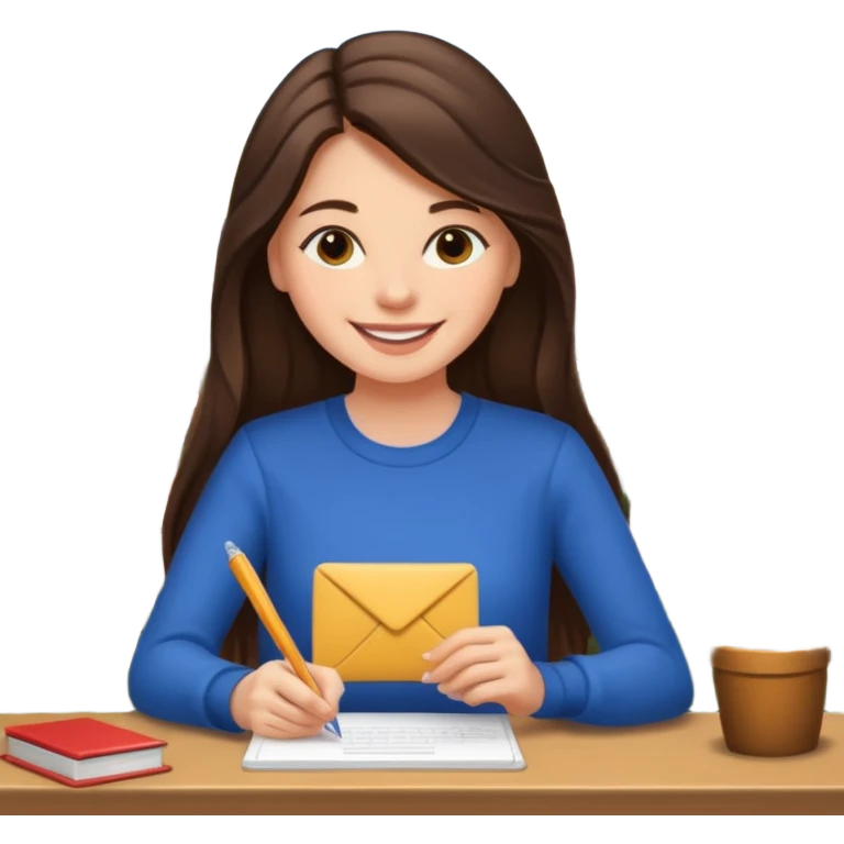 웃는 얼굴로 이메일 쓰는 브루넷 긴머리 여자, 뒤에는 로스앤젤레스 풍경 emoji