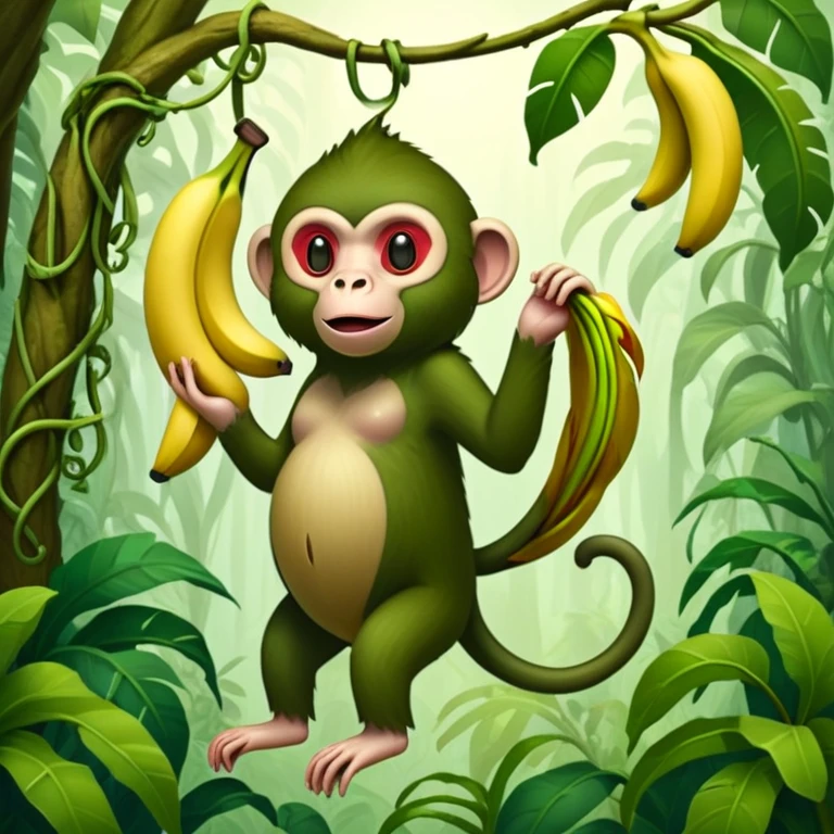 A surreal hybrid creature that is half monkey (top) and half banana (bottom). Green monkey with red facial features on top, and an opened banana peel forming the lower body. Set in a jungle with hanging vines and soft light filtering through trees emoji