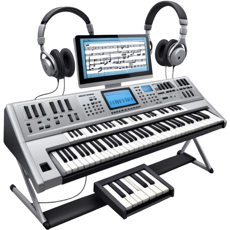Create a professional and artistic emoji that represents writing music tracks. The design should feature a large monitor displaying musical notes or a score, positioned in front of a professional Korg synthesizer. Add elements like studio headphones, a MIDI keyboard, and an audio interface to symbolize the tools used in music production. Use sleek, modern colors like silver, black, and neon accents to convey the professional environment of music composition. The background should be transparent. emoji