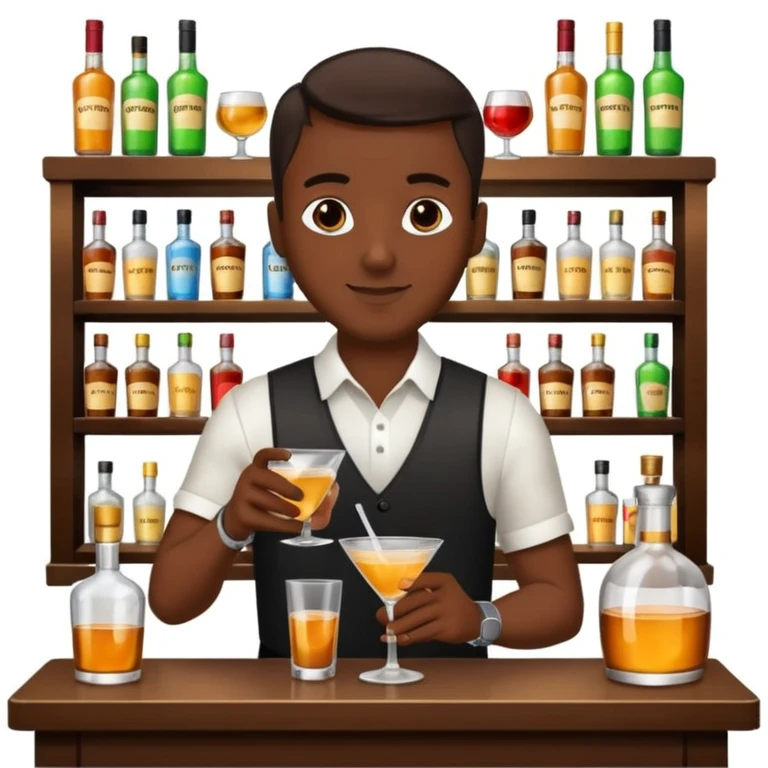 bartender mixing drinks, club backgroudn with bottles emoji