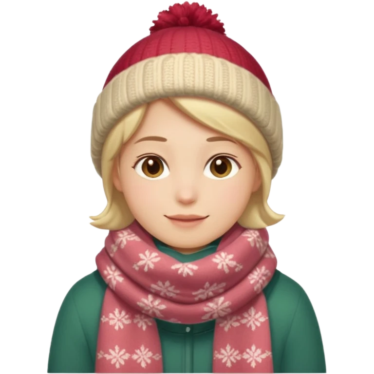 Fantasy human portrait emoji, warm winter scarf around neck, cozy holiday mood, slightly rosy cheeks, simple clean design, no hat, readable emoji style, male/female variant
 emoji