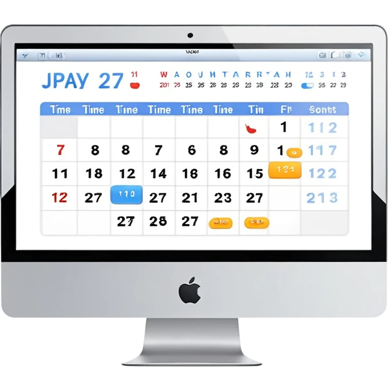 iMac screen showing day view calendar with time slots and booked appointments emoji