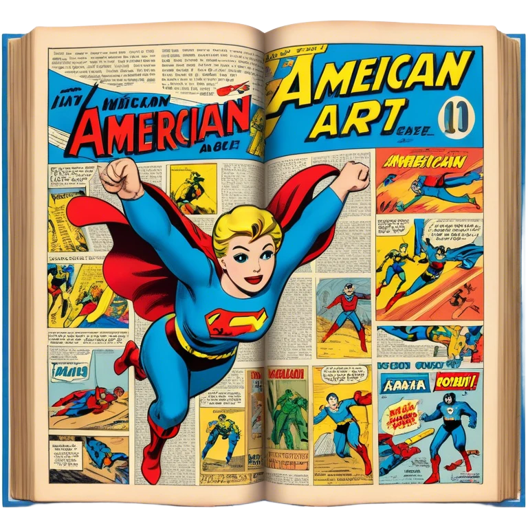 Create a vibrant emoji representing comic books and graphic novels. The design should feature a large, open comic book or vintage comic magazine with pages displaying classic American comic art, with text in Russian. The comic pages should have bold, dynamic panels and action scenes. Include a pencil writing on the pages, but without a hand, to symbolize the artistic creation of comics. Use bright colors like red, blue, and yellow, with a retro feel to the design. Make the background transparent. emoji