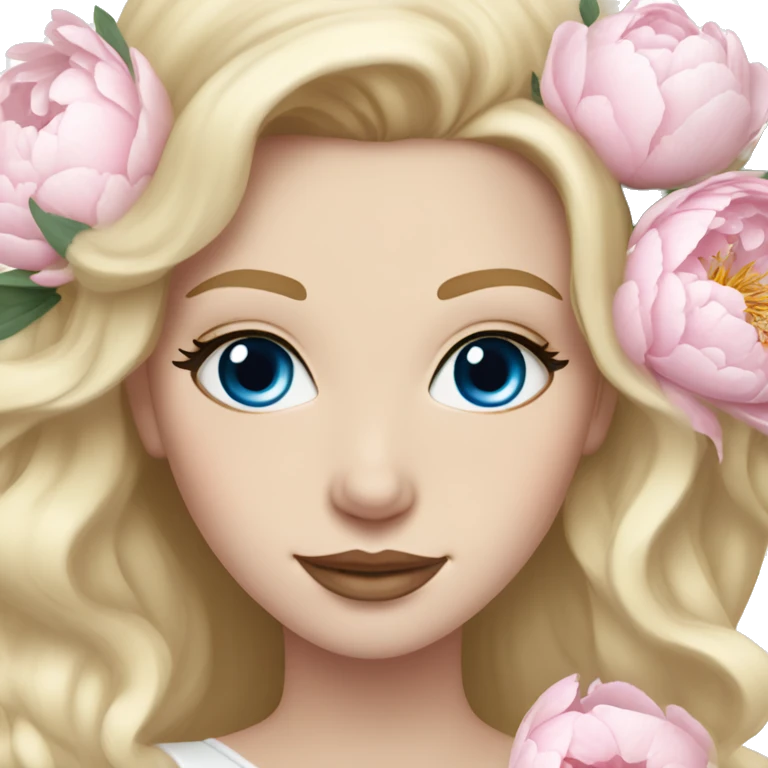 White bride with long light blonde hair and blue eyes with light pink peonies in hair white skin  emoji