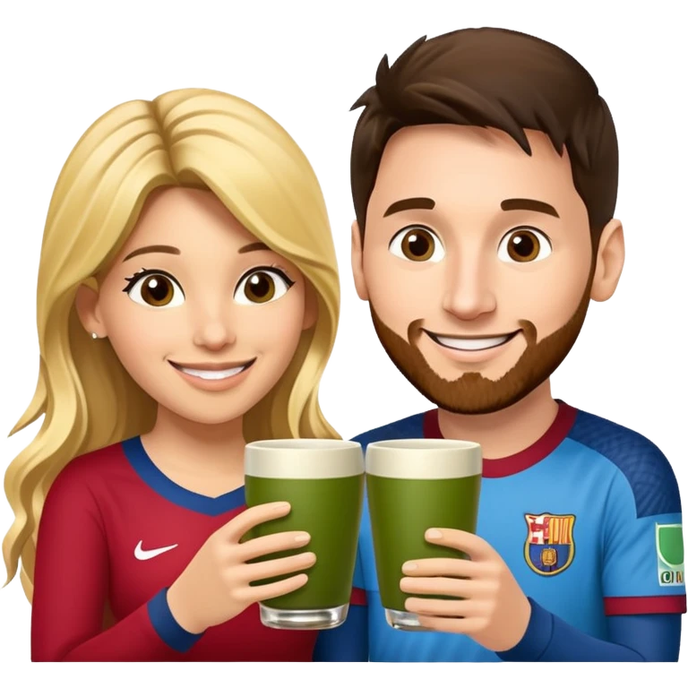 emoji-style illustration of Lionel Messi and Shakira smiling at each other, both holding traditional yerba mate cups, about to make a cheerful toast, friendly, happy, expressive cartoon faces, bright colors, fun vibe emoji
