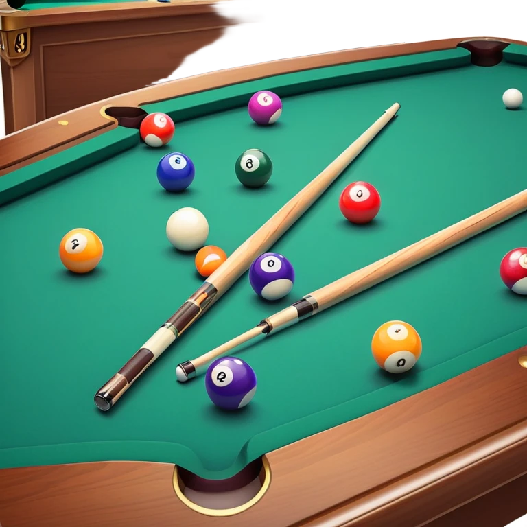 Two crossed pool cues resting on a billiard table, with colorful billiard balls scattered across the surface. The background features the felt of the table, creating an inviting atmosphere for a game of precision and strategy emoji