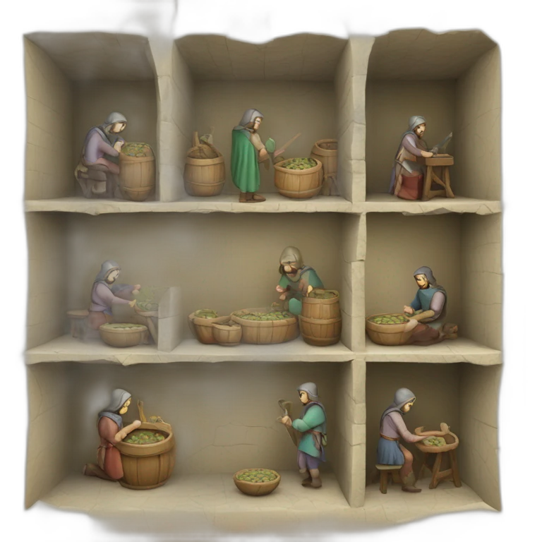 inside of a medieval mint showing different people working emoji