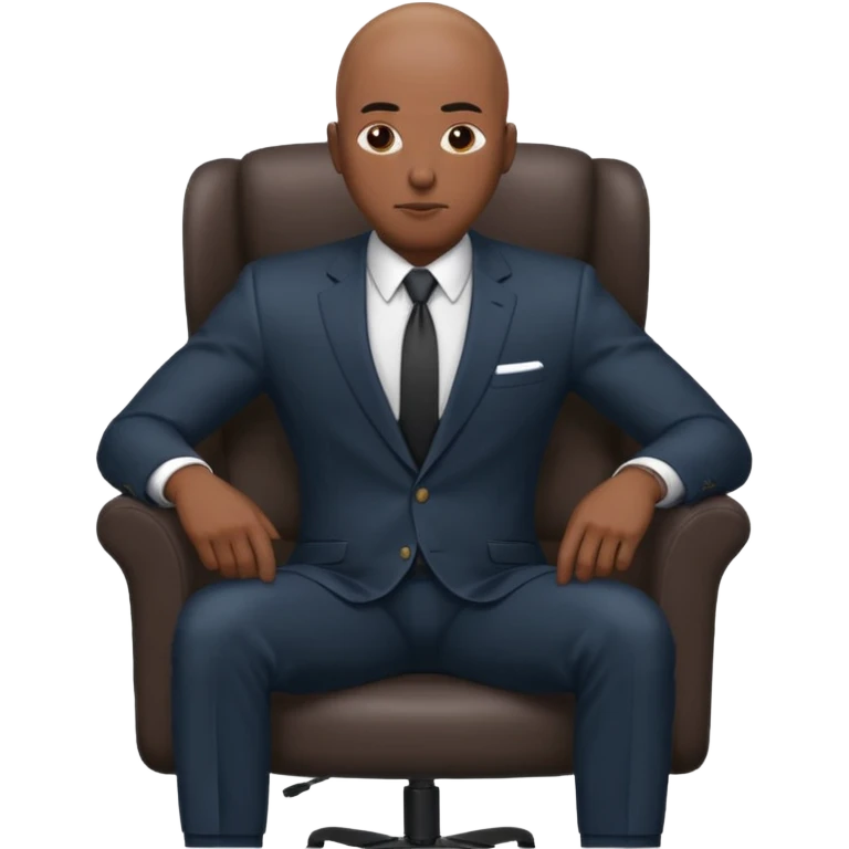 Black man, bald, in a suit, sitting on a chair in the office  emoji