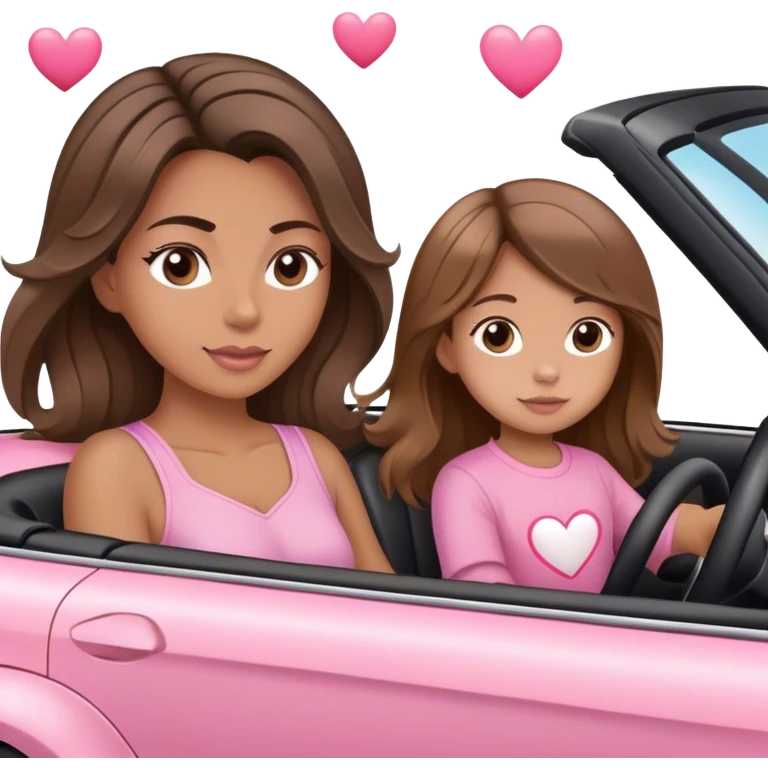 A mom brown long balayage Hair and one daughter Children white and brown hair,  driving in pink convertible with hearts  emoji