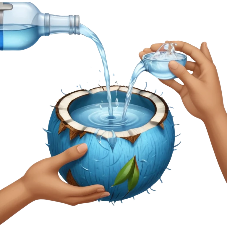 An uncut coconut with water being poured over it with hands cupping water emoji