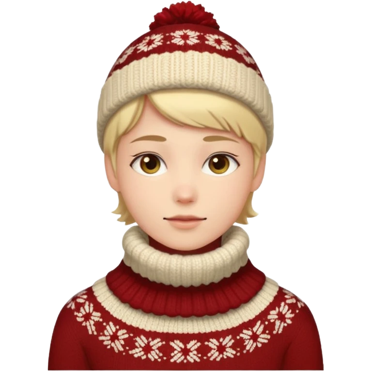 Fantasy human emoji portrait, knitted winter collar with simple pattern, festive but subtle look, warm colors, minimal fantasy style, clean emoji design, male/female variant
 emoji