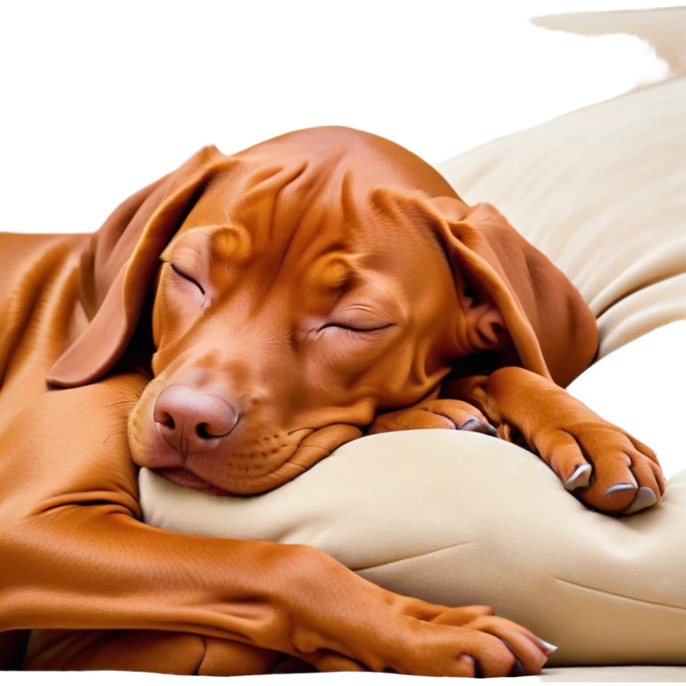 Meme-Worthy Cute Sleeping Vizsla Portrait Emoji, Head resting peacefully with a contented smile, showcasing a sleek, athletic build and a luxuriously soft rust and gold Fur, eyes shut in a serene nap, Simplified yet hilariously adorable features, highly detailed, glowing with a soft, drowsy light, high shine, relaxed and utterly lovable, stylized with an air of playful laziness, bright and heartwarming, soft glowing outline, capturing the essence of a comically sleepy companion, so meme-worthy it feels like it could instantly become the next viral sensation of adorable slumber! emoji