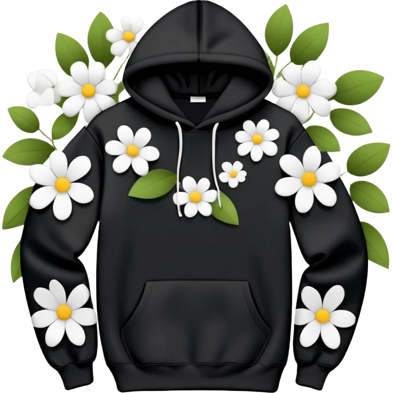 "Design a black hoodie adorned with scattered, medium-sized black and white flowers. Each flower should consist of a bold, thick white ring forming the petals, with a completely hollow center, creating an open, circular look. The flowers should have an irregular, asymmetrical shape and be evenly distributed across the hoodie, including the sleeves and hood. Keep the design minimalistic—no detailed petals, shading, or filled centers, just simple, bold, hollow ring-like floral patterns." emoji