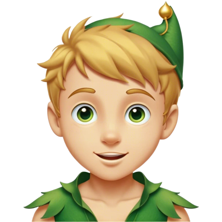 Cinematic Realistic Peter Pan Portrait, head tilted dramatically with an exaggeratedly amused expression, featuring sparkling eyes filled with playful mischief. His iconic outfit is rendered in vivid detail with dynamic shadows, capturing the delightful interplay of bravery and whimsy that defines his timeless character. emoji