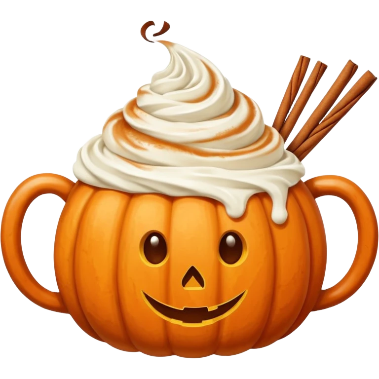 Round pumpkin-shaped mug with whipped cream swirl and one cinnamon stick, warm orange and cream tones. emoji