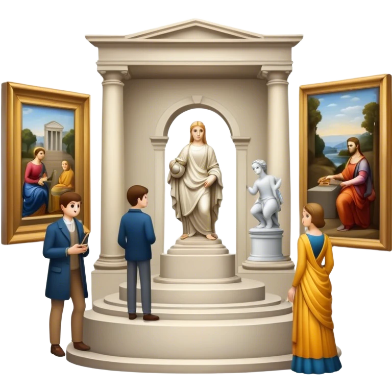 An icon featuring an elegant art gallery with classic paintings hanging on the walls, and sculptures displayed on pedestals. Visitors admire the exhibits, capturing the essence of culture, history, and art. Set against a transparent background. emoji