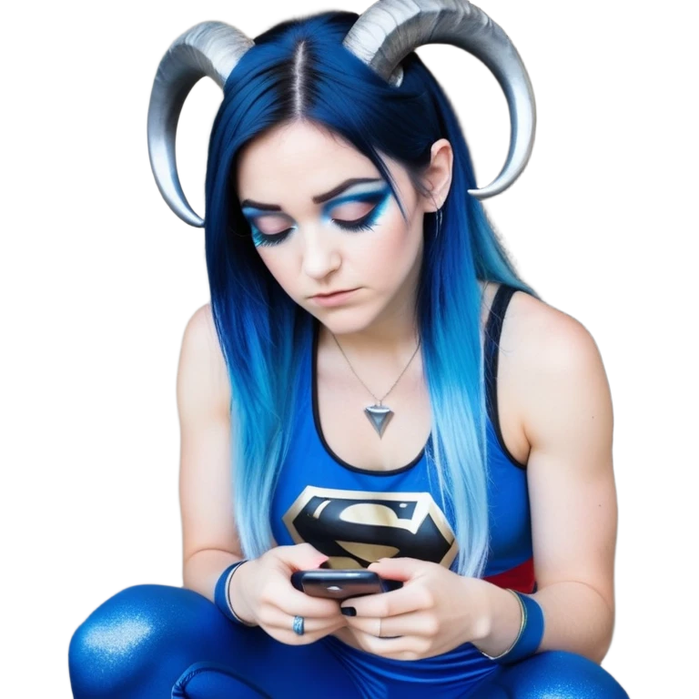 Disapponted-big tears-head back texting on phone-very very large upper body-sexy face-bending forward at waist-very long very straight dark blue to light blue ombre hair-and-blue eyes-thick black eyeliner-cute goat horns-iridescent blue lowcut tanktop with black leggings with glitter superman logo emoji