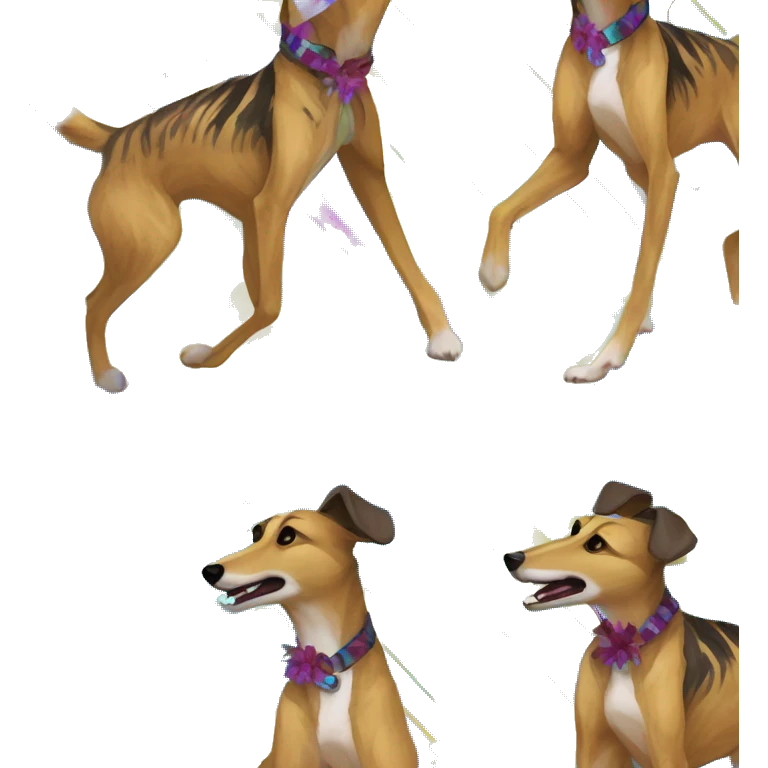  brindle brown black maroon striped lurcher Alsatian fox running blue eyes and iridescent holographic oilslick harness wearing paper iridescent tropical flower crown yellow caution tape emoji