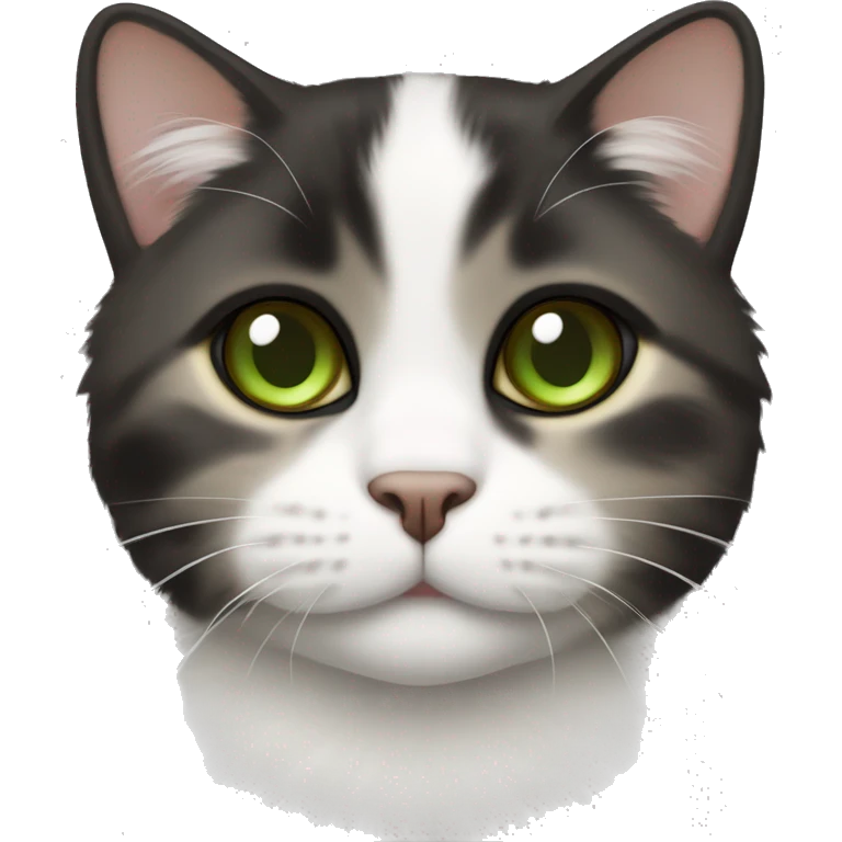 t’s a black and white cat with brownish fur on its ears, a mix of Munchkin and Scottish Fold breeds. It has large, green eyes. emoji