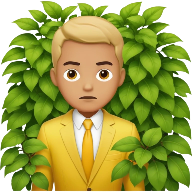 Man in a yellow suit looking suspicious while hiding in a bush emoji
