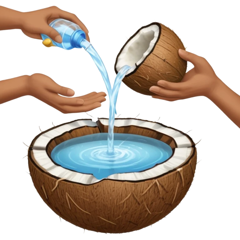 two hands with water in it, pouring the water down onto a full coconut emoji