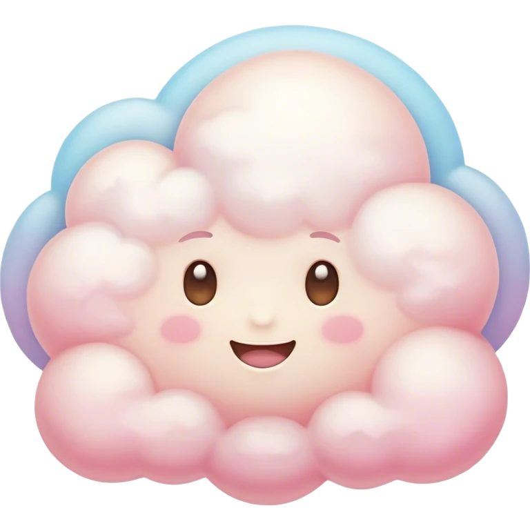Cinematic round pastel cloud, soft puffy texture, gentle glowing edges, tiny happy face with blushing cheeks, floating in a dreamy sky, warm and magical. emoji