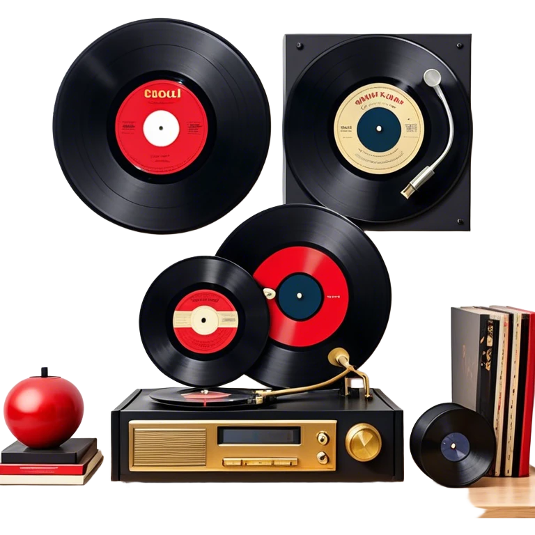 Icon for Vinyl Record Collecting: large black, golden and red vinyl records in decorative packaging featuring artist images, neatly arranged on a wall or shelf, modern vinyl record player. The icon should reflect the aesthetic and artistic aspect of collecting vinyl records. Transparent background. emoji