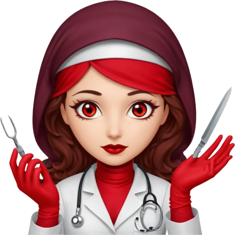Lilith scalpel in hand, evil surgeon outfit.  She has red eyes. She has dark brown curly hair. Hair is long . Wears sexy doctor outfit with red gloves. Clears, mouth with Muslim red burka emoji