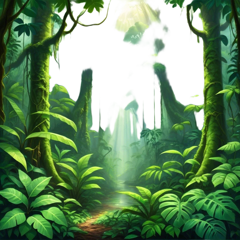 Cinematic Realistic Rainforest Emoji, Lush and vibrant, filled with towering trees, thick vines, and dense green foliage, sunlight filtering through the canopy above, creating dappled patches of light on the rich, diverse undergrowth. The air is heavy with moisture, with mist rising from the forest floor and distant calls of exotic birds and animals echoing through the trees. Soft glowing outline, capturing the essence of a thriving, untamed tropical paradise filled with life! emoji