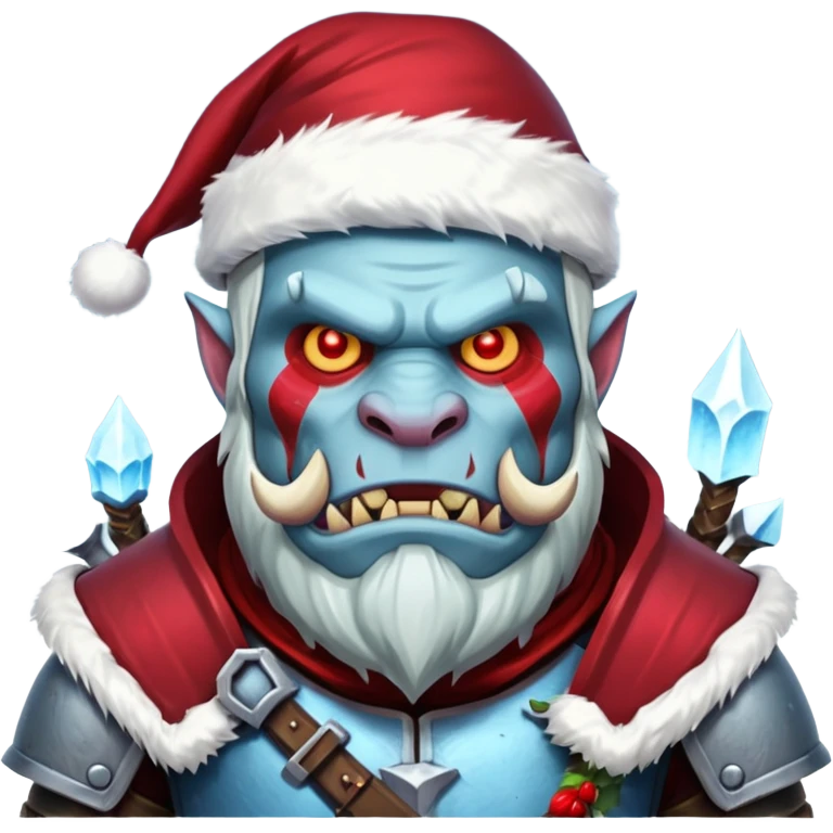 
Fantasy Christmas orc legion soldier icon, iron tundra army theme, heavy winter armor, disciplined brutal look, icy blue steel armor with deep crimson accents, frozen metal texture, cold winter atmosphere, male variant emoji