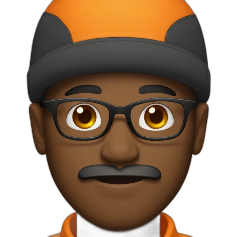 Young black man with a mustache and a goatee wearing glasses and an orange hat  emoji