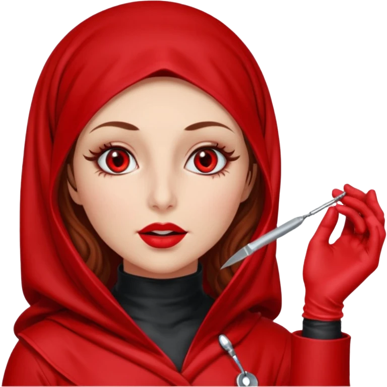 Lilith scalpel in hand, evil surgeon outfit.  She has red eyes. She has dark brown curly hair. Hair is long . Wears sexy doctor outfit with red gloves. Covers nose, neck and mouth with Muslim red burka emoji