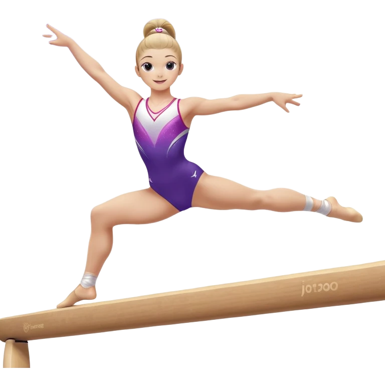 A gymnast performing a flawless routine on the balance beam, showcasing strength and grace. The scene captures the precise, elegant movement with perfect balance and form. The background features a gymnastics arena with vibrant lighting and cheering crowds, emphasizing athleticism and poise. emoji