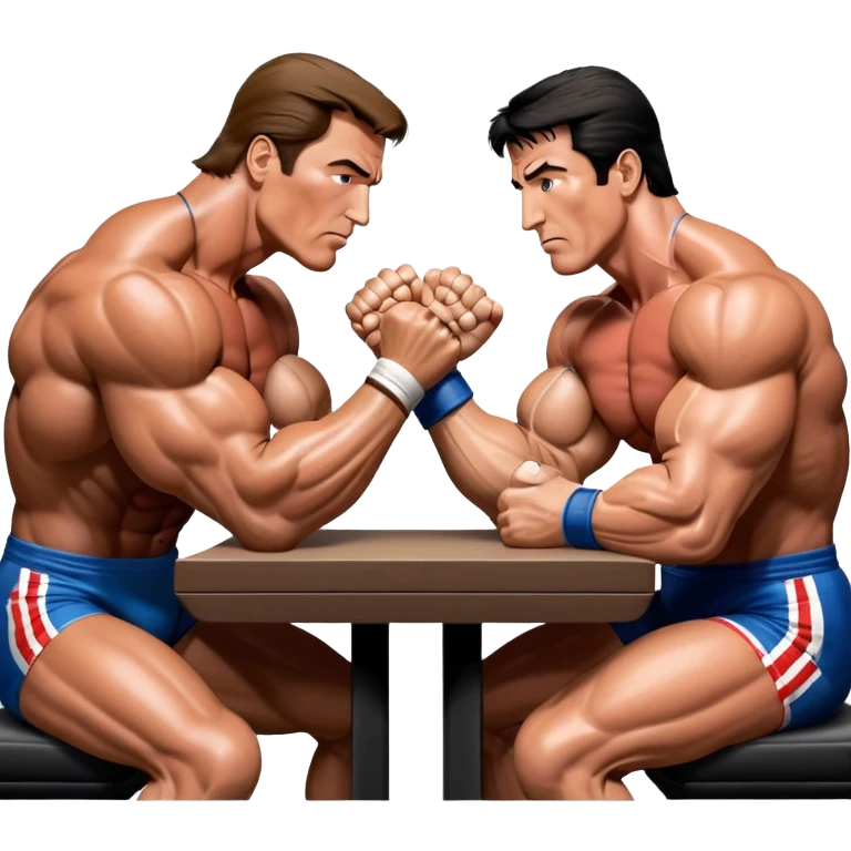 Arnold Schwarzenegger and Sylvester Stallone from 'Over the Top,' locked in an arm wrestling battle, using only their right hands. Their left hands rest on the table. Both display immense strength, with muscular arms flexing, under bright competition lights. Transparent background. emoji